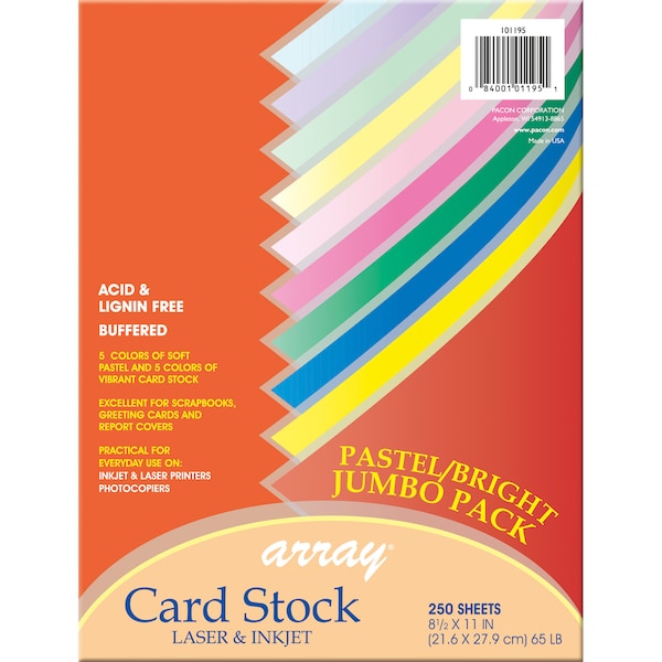 Pastel + Bright Card Stock Assortment, 10 Colors, Letter, PK250